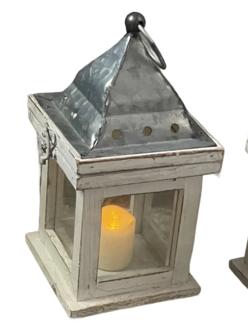 Rustic White Metal Lantern Pair with Glittery LED Candles